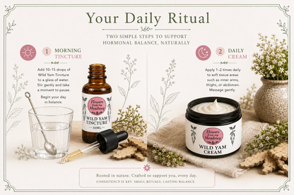 A styled product infographic titled 'Your Daily Ritual' showing two skincare products: an amber glass dropper bottle of Wild Yam Tincture and a white jar of Wild Yam Cream. The image includes instructional text for 'Morning Tincture' and 'Daily Cream' with decorative botanical illustrations, herbs, and a rustic linen background.