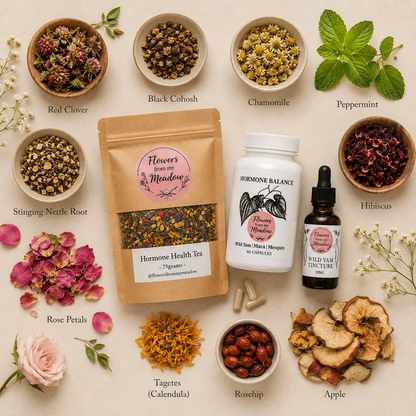 A styled flat-lay of herbal tea and supplement products on a light beige background. The central product is a kraft paper pouch labeled 'Flowers from my Meadow' 'Hormone Health Tea', surrounded by labeled bowls and pieces of dried and fresh ingredients including red clover, black cohosh, chamomile, peppermint, hibiscus, stinging nettle root, rose petals, tagetes, rosehip, and apple.