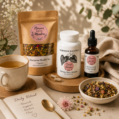 A styled flat-lay of a wellness product set from 'Flowers from the Meadow' on a beige fabric surface. The set includes a kraft paper pouch of Hormone Health Tea, a white bottle of Hormone Balance capsules, a small amber dropper bottle of Wild Yam Tincture, a bowl of loose flower petals, and a ceramic cup of tea, arranged with a spoon, notebook, and flowers.