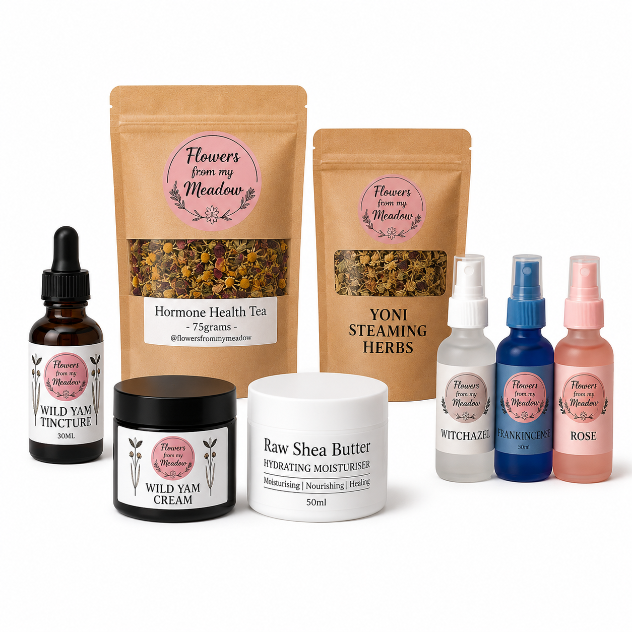 A product bundle from Flowers from my Meadow featuring herbal tea, steaming herbs, wild Yam tincture, wild Yam cream, raw Shea butter, witch Hazel, Frankincense and Rose hydrosol in a clean white studio setting.