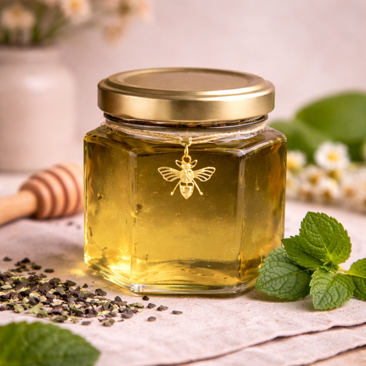 Jar of honey with a bee pendant on a wooden surface with mint leaves and flowers.