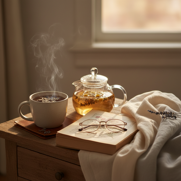 A cozy tea-time scene with a steaming mug, a glass teapot filled with amber tea, an open book, eyeglasses, and a draped cream cloth near a window.