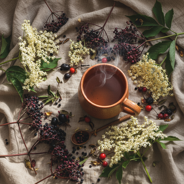 A warm cup of steaming herbal tea or elderberry infusion arranged on a beige linen cloth, surrounded by white elderflower clusters, dark elderberry berries, green leaves, and small red berries.