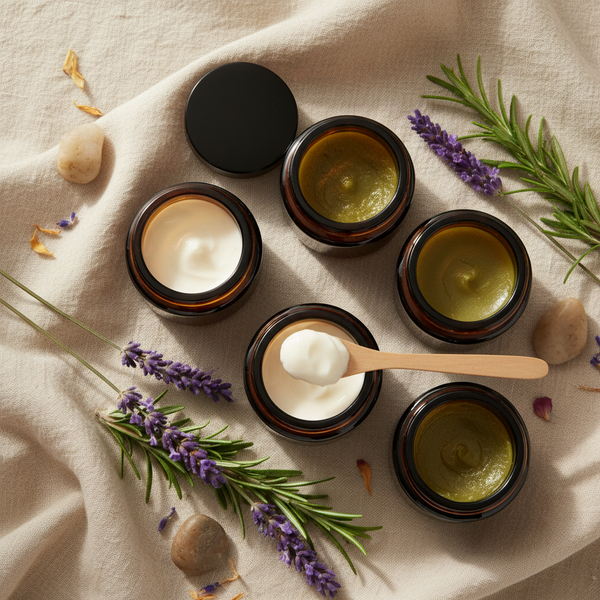 Amber glass jars and black cosmetic jars containing handmade cream and botanical balm, styled with a wooden spatula and herbs