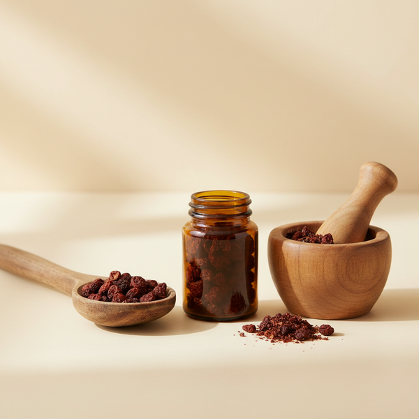 Dried saw palmetto berries in a small amber glass jar beside a wooden spoon and mortar and pestle