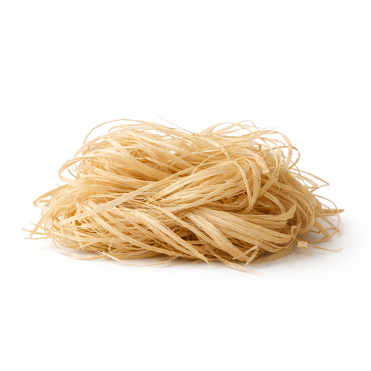 Pile of natural raffia on a white background