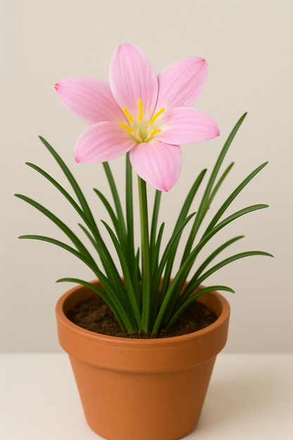 Potted plant with a pink flower on a plain background