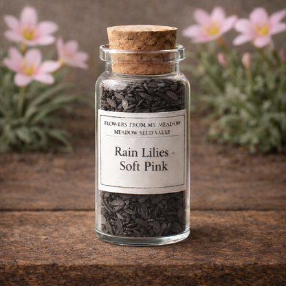 Glass jar with cork lid containing seed packets labeled 'Rain Lilies - Soft Pink' on a wooden surface with blurred flowers in the background.