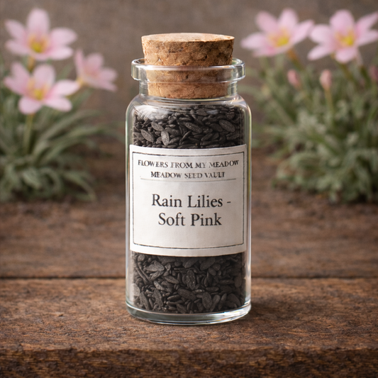 Glass jar with cork lid containing seed packets labeled 'Rain Lilies - Soft Pink' on a wooden surface with blurred flowers in the background.