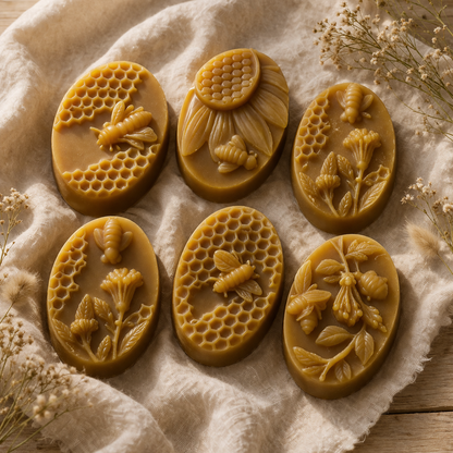 Beeswax bars with floral and bee designs on a textured fabric background