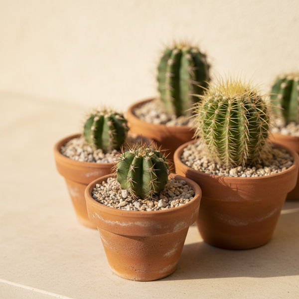 Young Ferocactus and Golden Barrel cacti growing in small terracotta pots with sandy soil.