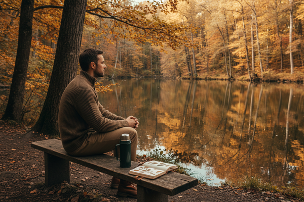 A man enjoying a reflective moment beside a peaceful autumn lake.
