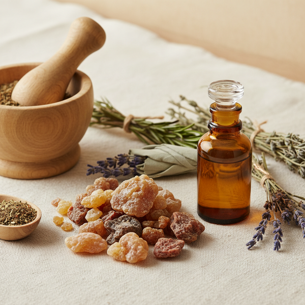 Frankincense and myrrh resin pieces beside dried specialist herbs, an amber apothecary bottle and a wooden mortar and pestle.
