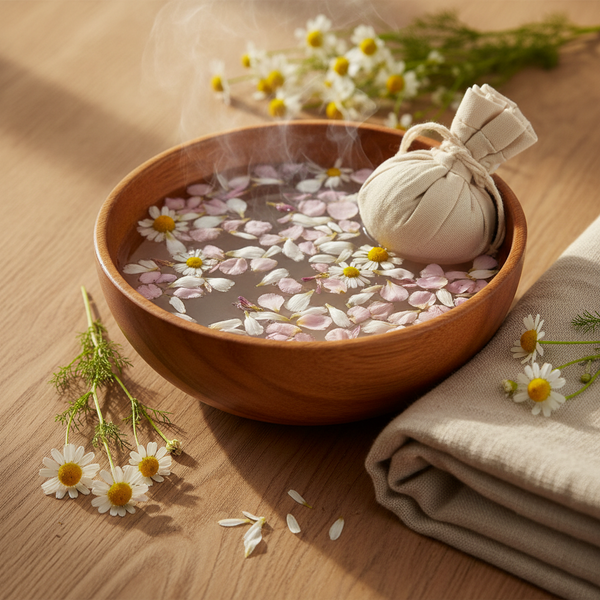 A botanical balm, warm herbal tea, folded linen towel and wooden massage tool arranged on a cream surface.