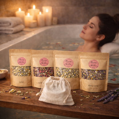 Woman relaxing in a bathtub with Pouches of Restorative Botanical Soak Collection of herbs on a wooden surface.