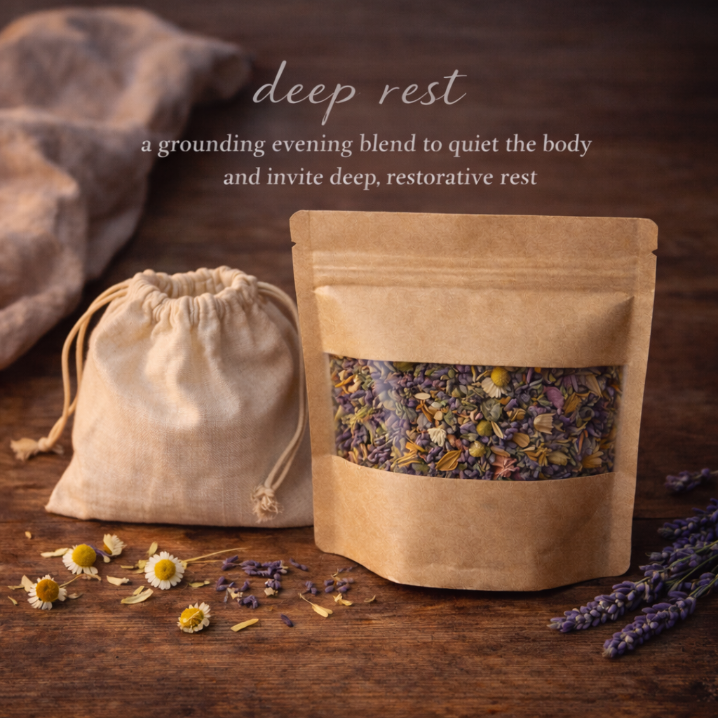 Herbal blend packaging with text on a wooden surface