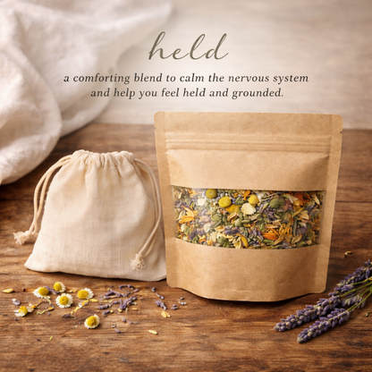 Herbal blend packaging on a wooden surface with text about calming the nervous system.