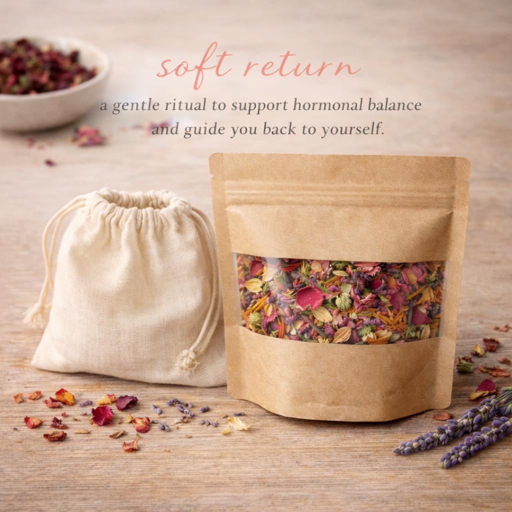Herbal mix in a brown paper bag and drawstring pouch on a wooden surface with text about hormonal balance.