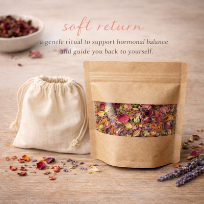 Herbal mix in a brown paper bag and drawstring pouch on a wooden surface with text about hormonal balance.