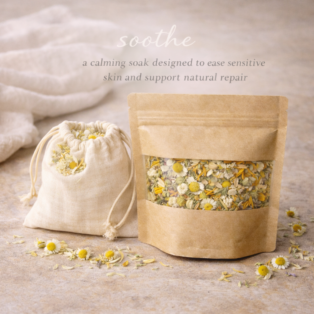 Bag of dried herbs with a drawstring bag on a neutral background, labeled 'soothe'.