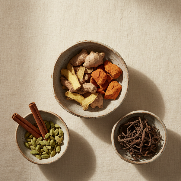 Dried ginger and turmeric roots beside cinnamon bark, cardamom and dandelion root in small ceramic bowls.