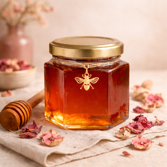Jar of honey with a wooden dipper on a cloth surface with dried rose flowers.