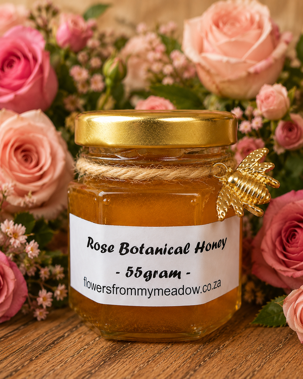 A jar of Rose Botanical Honey with a gold lid and white label, styled on a wooden surface surrounded by pink roses and green leaves.