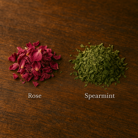 Dried rose petals and spearmint leaves on a wooden surface