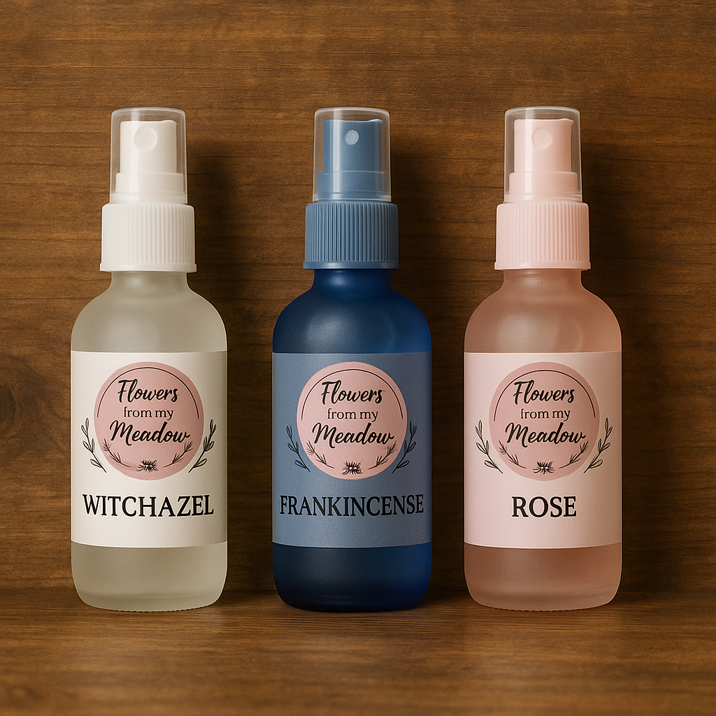 Rose, Witch Hazel & Frankincense Hydrosol Trio on a wooden surface