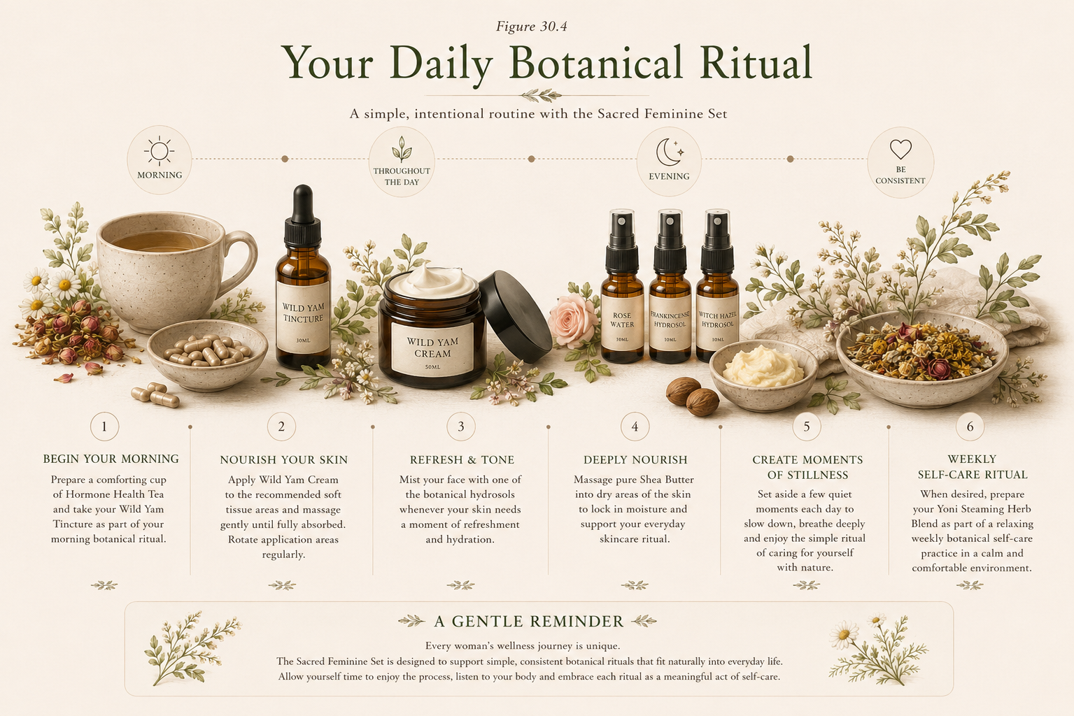 An illustrated infographic titled 'Your Daily Botanical Ritual' with a beige background, showing several botanical-themed product bottles and bowls arranged across the page, along with small text panels explaining daily routines. Because the image is a designed informational layout rather than a clean product photo, the best fit is Instruction Diagram rather than Product/Packaging.