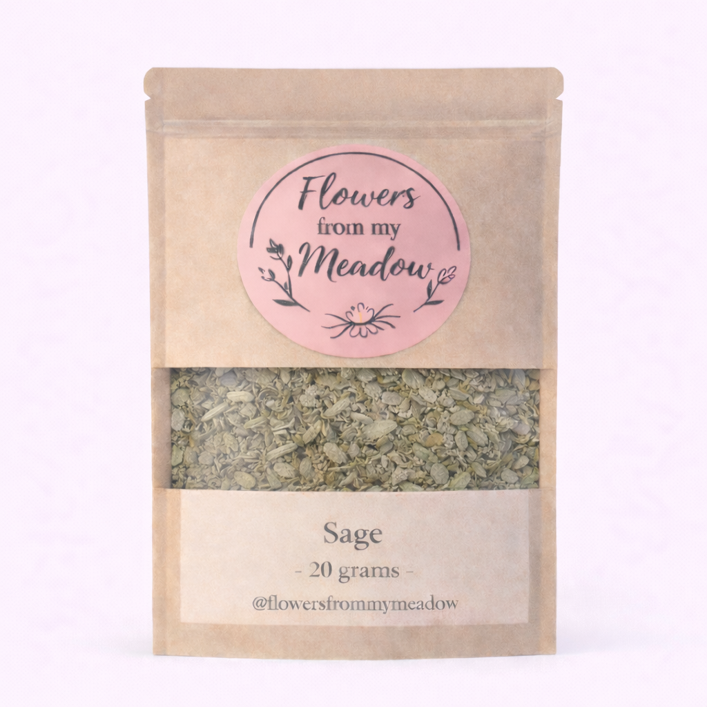 Package of 'Flowers from my Meadow' sage with a pink label on a white background