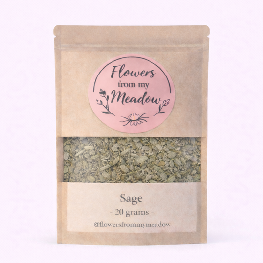 Package of 'Flowers from my Meadow' sage with a pink label on a white background