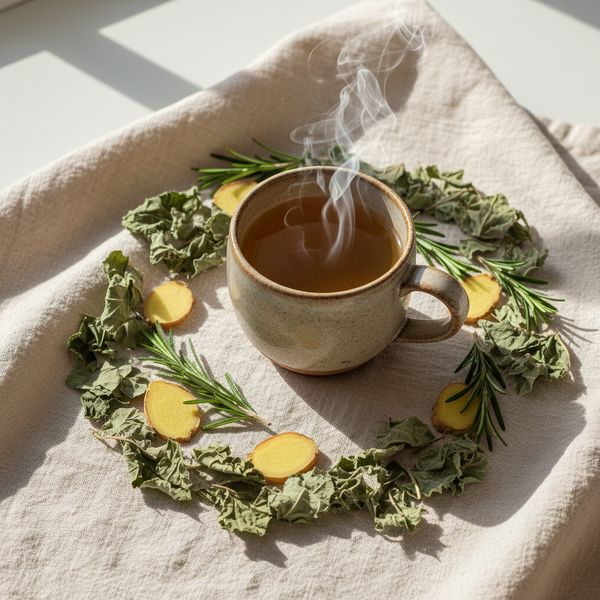 A steaming ceramic mug filled with tea sits on a beige linen cloth, surrounded by a decorative wreath made of dried green leaves, rosemary sprigs, and slices of yellow dried fruit.