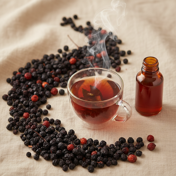 A glass cup filled with steaming amber tea sits on a beige fabric surface, surrounded by loose dark berries and a small amber bottle of the same tea, with visible steam rising.