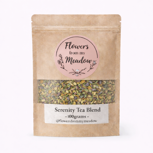Serenity Tea Blend package with visible tea leaves on a white background