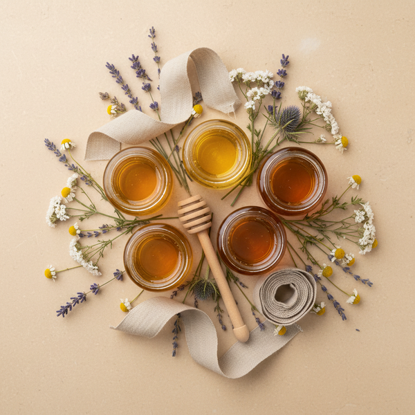 Four glass jars of honey arranged in a circular flat lay with a wooden honey dipper, cream-colored ribbon, dried lavender, and small white and yellow wildflowers on a warm beige background.