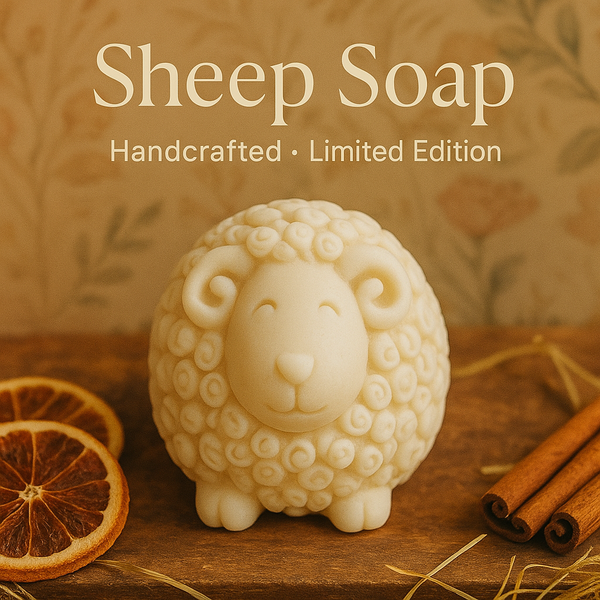 Sheep-shaped soap with dried oranges and cinnamon sticks on a wooden surface, labeled 'Sheep Soap, Handcrafted, Limited Edition'.