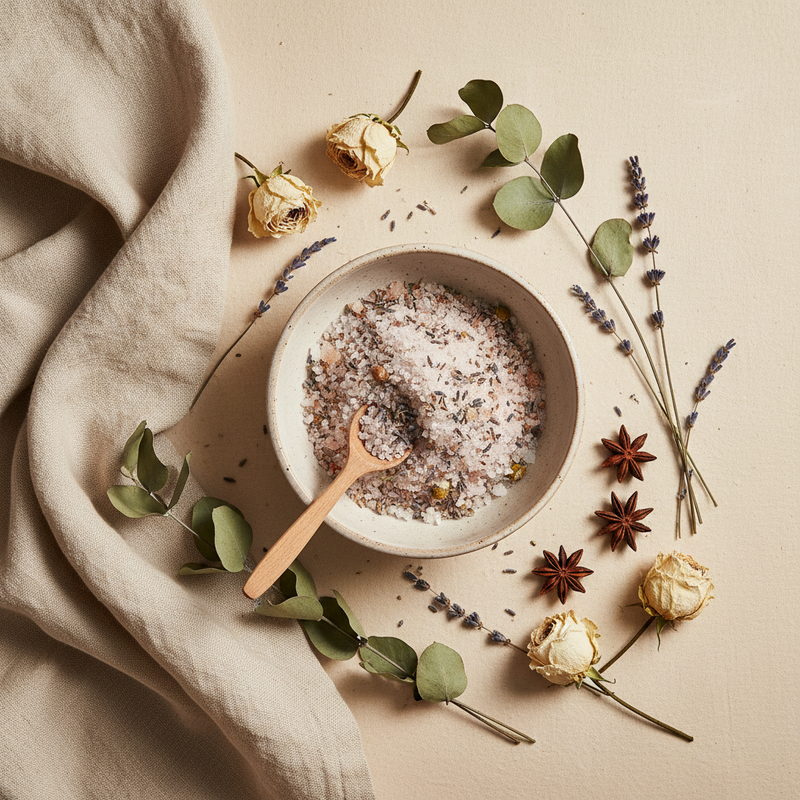 An elegant botanical body-care ritual with a ceramic bowl, natural linen cloth, dried flowers, herbal bath salts and a small wooden spoon on a warm cream surface.
