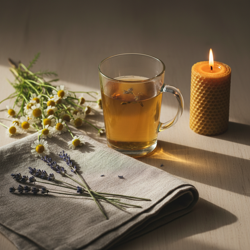 A peaceful evening ritual with a clear glass mug of herbal tea, chamomile, lavender, a folded linen cloth and a softly glowing candle