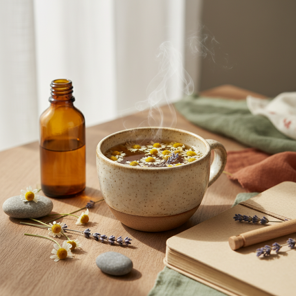 A warm ceramic mug filled with a steaming herbal tea or soup sits on a wooden table beside an amber glass bottle, with daisy flowers, lavender sprigs, smooth stones, and an open notebook in a softly lit interior setting.