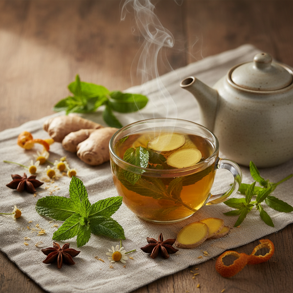 A clear glass cup filled with steaming ginger tea sits on a beige cloth beside a ceramic teapot, with ginger roots, mint leaves, star anise, chamomile flowers, and orange peel arranged on a wooden surface.