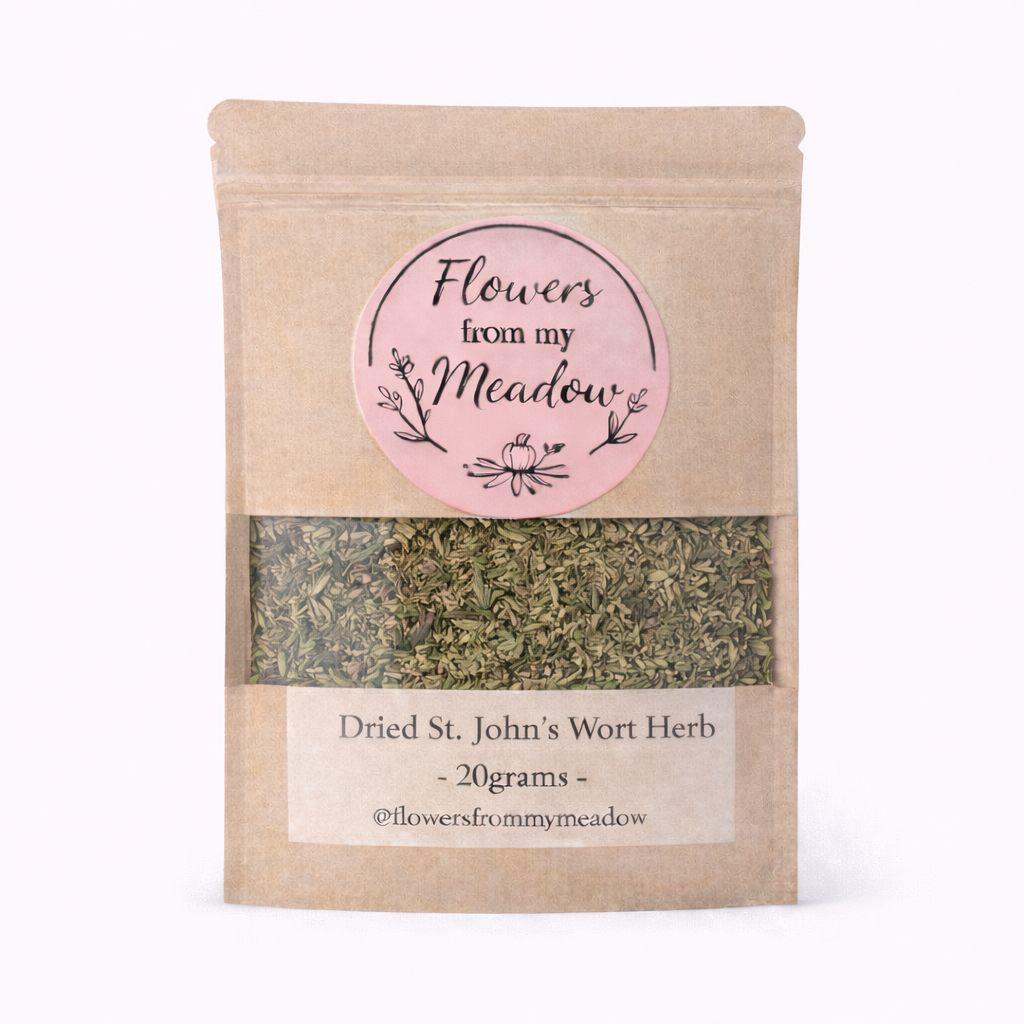 Package of dried St. John's Wort Herb with 'Flowers from my Meadow' label on a white background