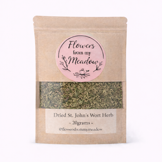 Package of dried St. John's Wort Herb with 'Flowers from my Meadow' label on a white background