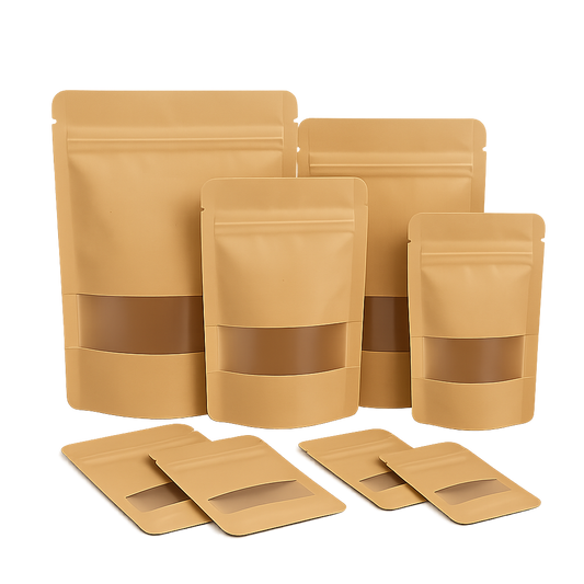 Set of brown kraft paper packaging bags on a white background