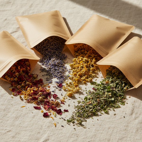 Resealable kraft pouches filled with dried herbs, flowers and botanical tea blends on a warm cream surface.