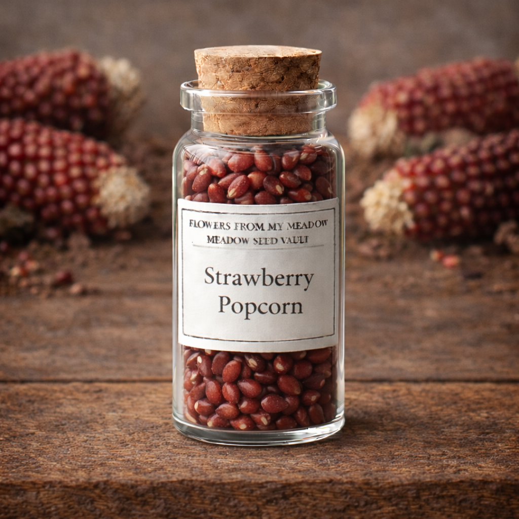 Glass jar filled with 'Strawberry Popcorn' seeds on a wooden surface with dried plants in the background.