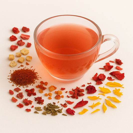 Clear glass mug filled with red tea surrounded by various dried herbs and spices on a light background