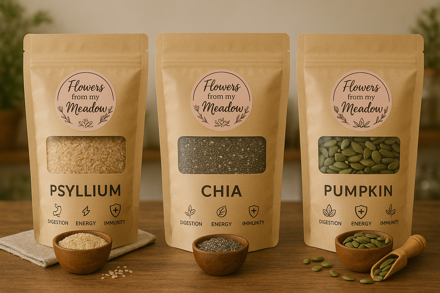 3 Kraft pouches filled with seeds marked Psyllium, Chia and Pumkin Seeds on a wooden board