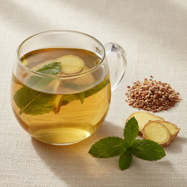A clear glass mug of ginger and spearmint infusion beside psyllium seeds, dried ginger and fresh mint on a warm cream surface.