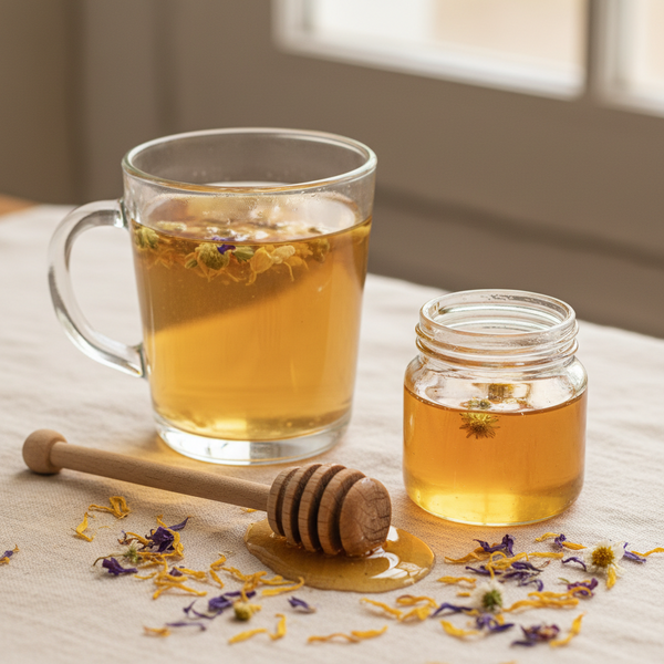 A clear glass mug filled with amber honey tea and a small glass jar of honey on a light fabric surface, with a wooden honey dipper and scattered dried flowers.